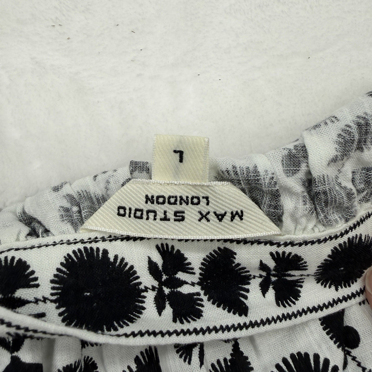 Max Studio London Top Large Square Neck Flutter Sleeve Black White Embroidered