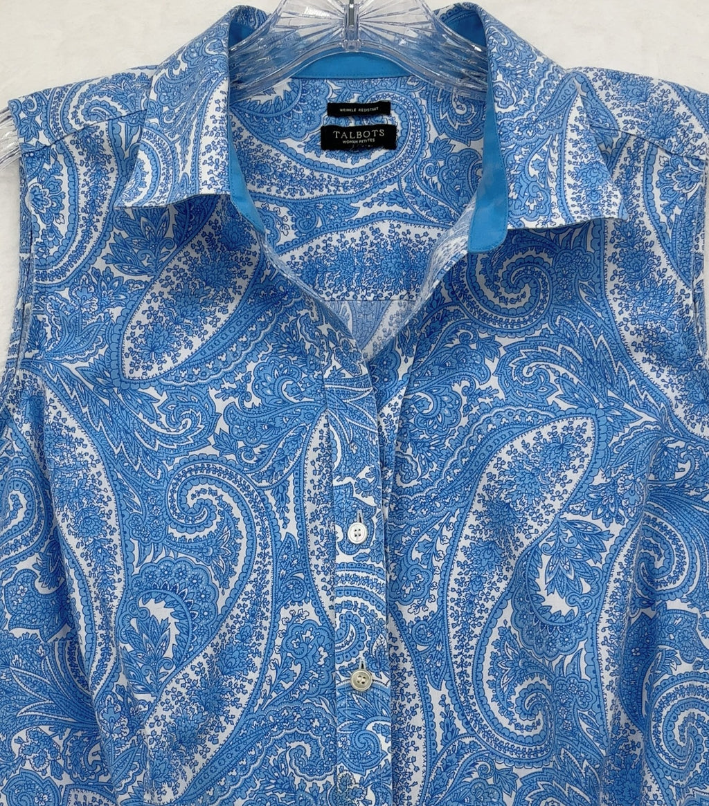 Talbots Top XL Sleeveless Button Up Blouse Womens Blue Paisley Wrinkle resistant