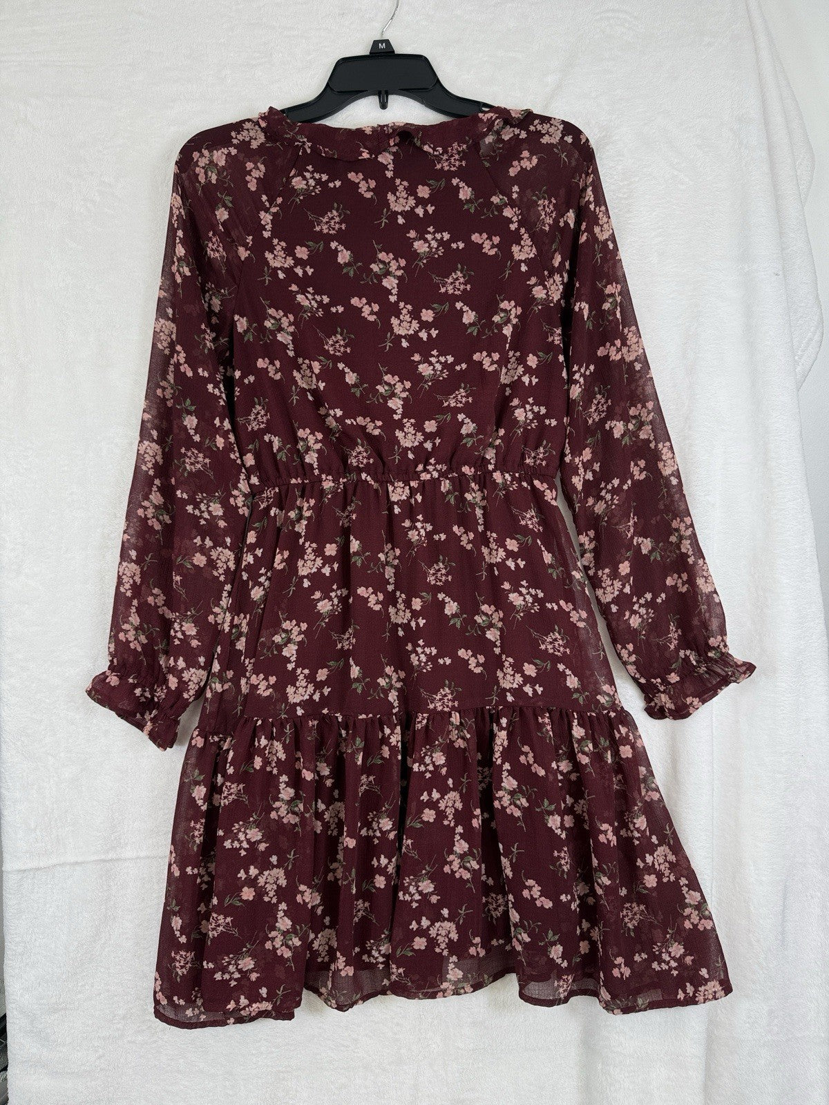 American Eagle Dress Medium Burgundy Floral Short Boho Long Sleeve Women