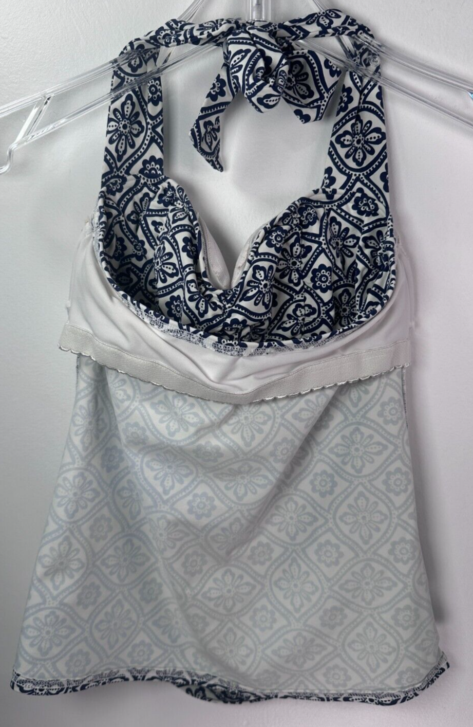 Lands End Swimsuit Top Size 2 Tankini Halter Navy Blue & White Floral Pattern
