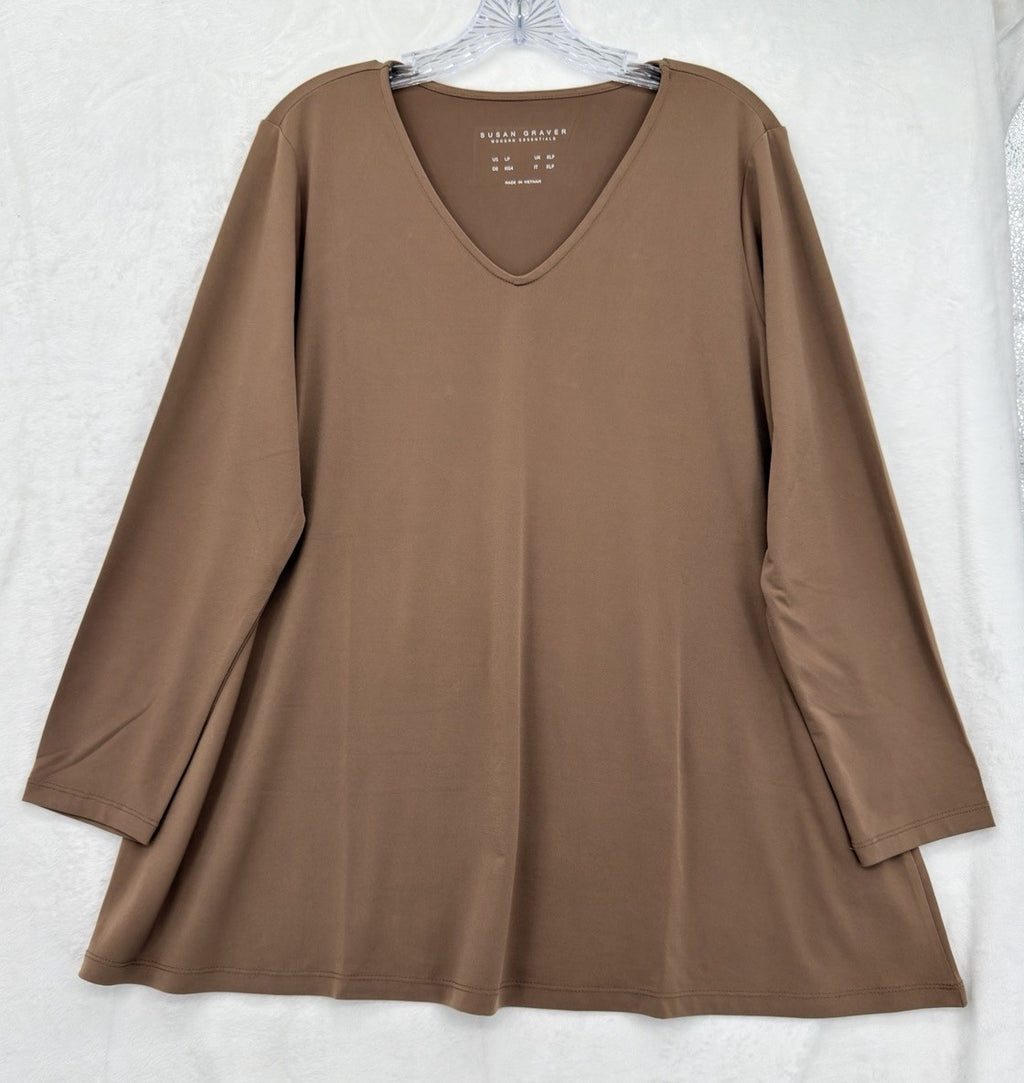 Susan Graver Top Large Petite Liquid Knit Top Womens LP Brown Long Sleeve V Neck