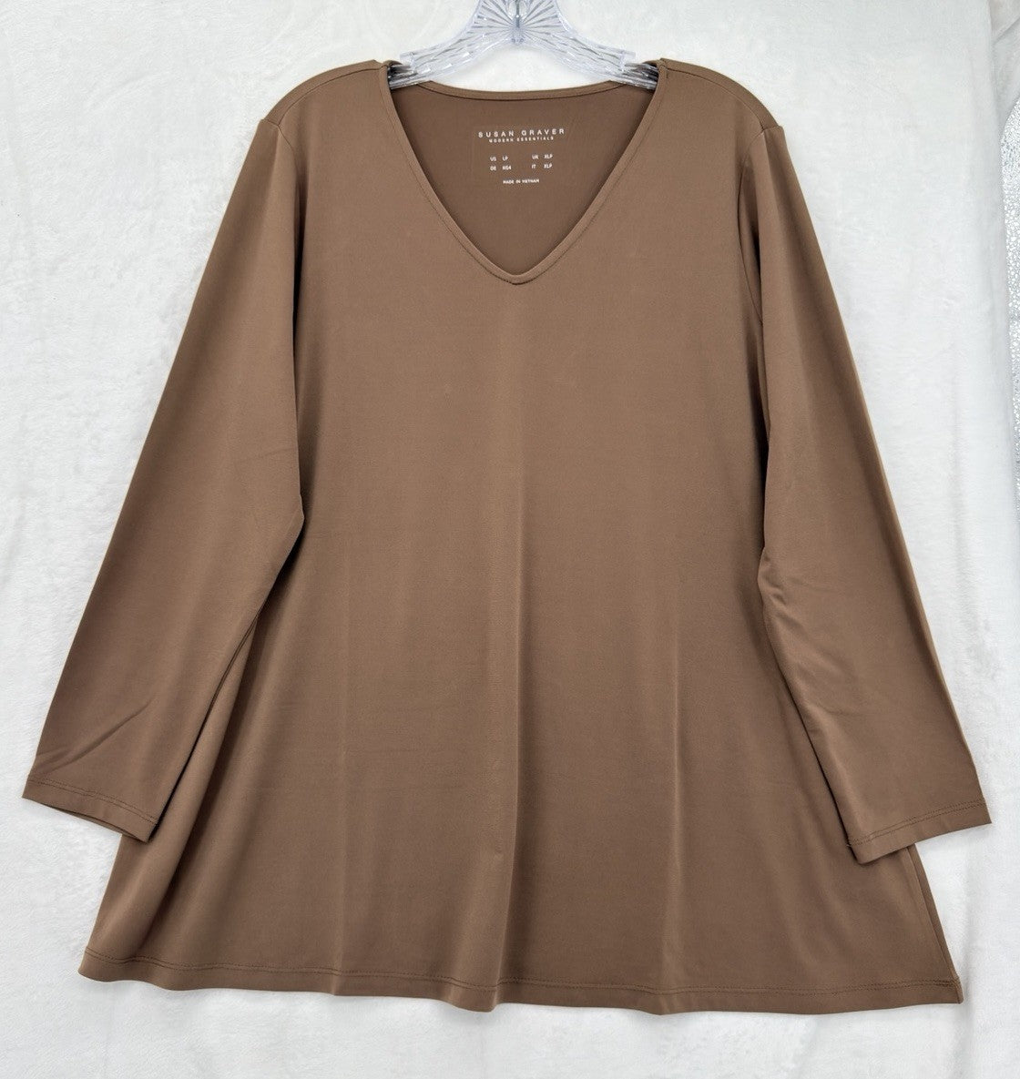 Susan Graver Top Large Petite Liquid Knit Top Womens LP Brown Long Sleeve V Neck