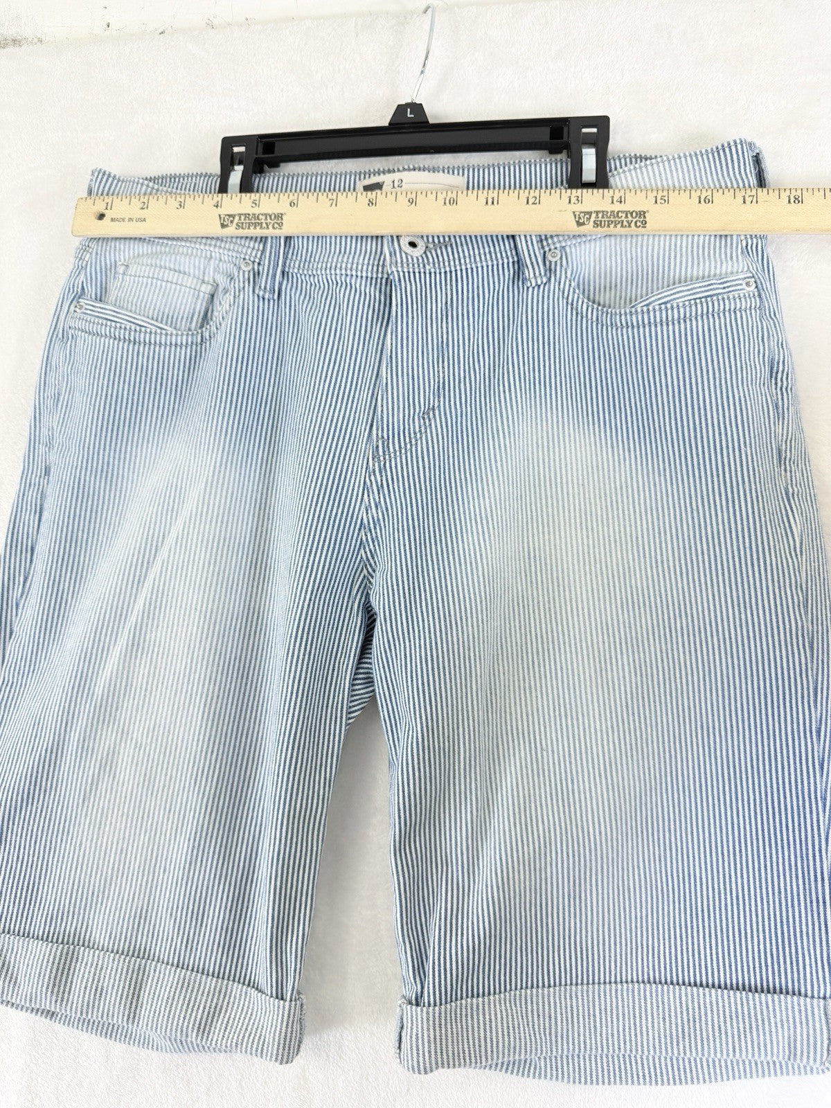 Levis Jean Shorts Women 12 Denim Light Blue White Striped 11” Bermuda Roll Hem