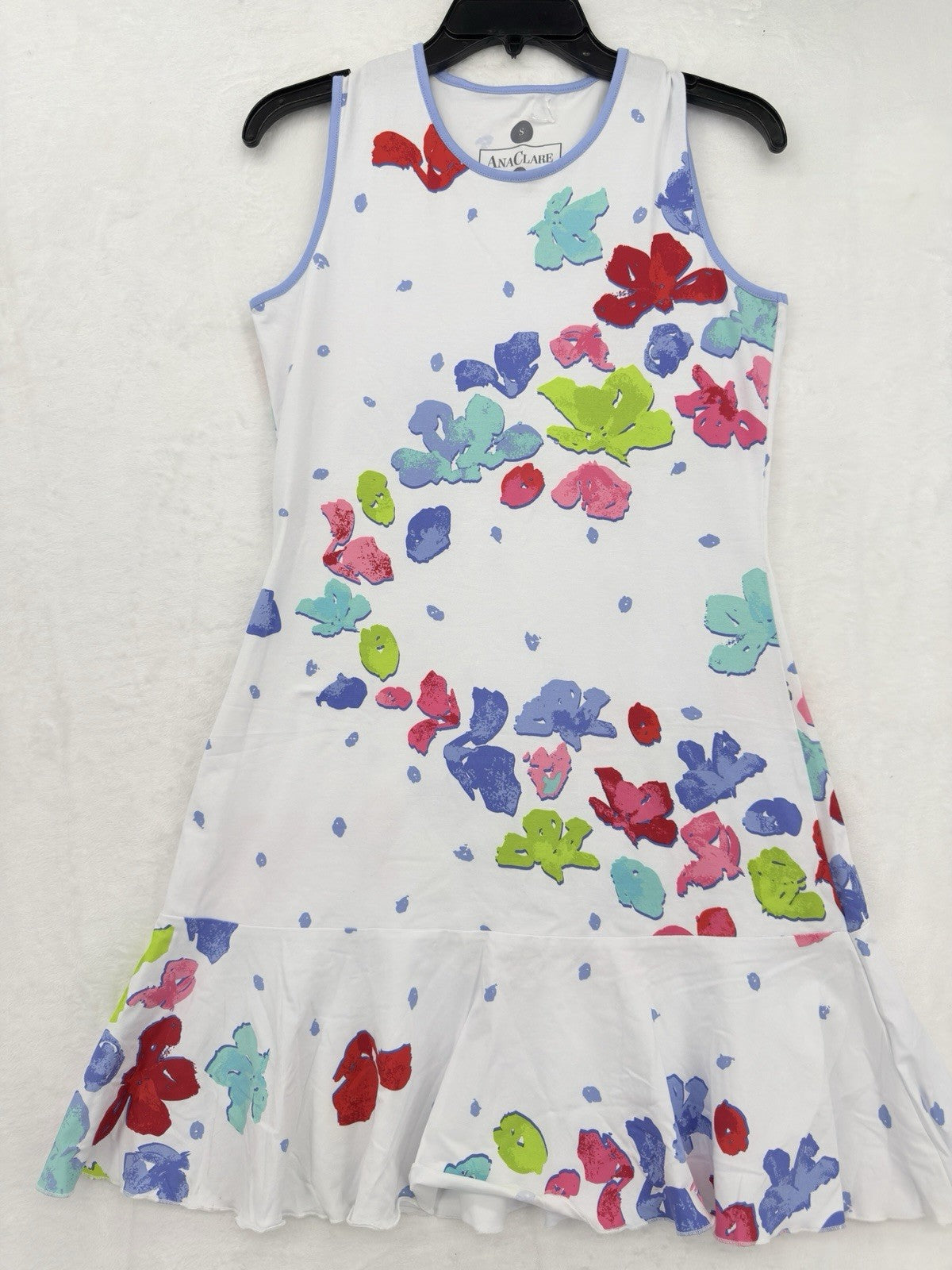 Ana Claire Dress Small Sleeveless Flounce Knit Pink Blue White Floral Women