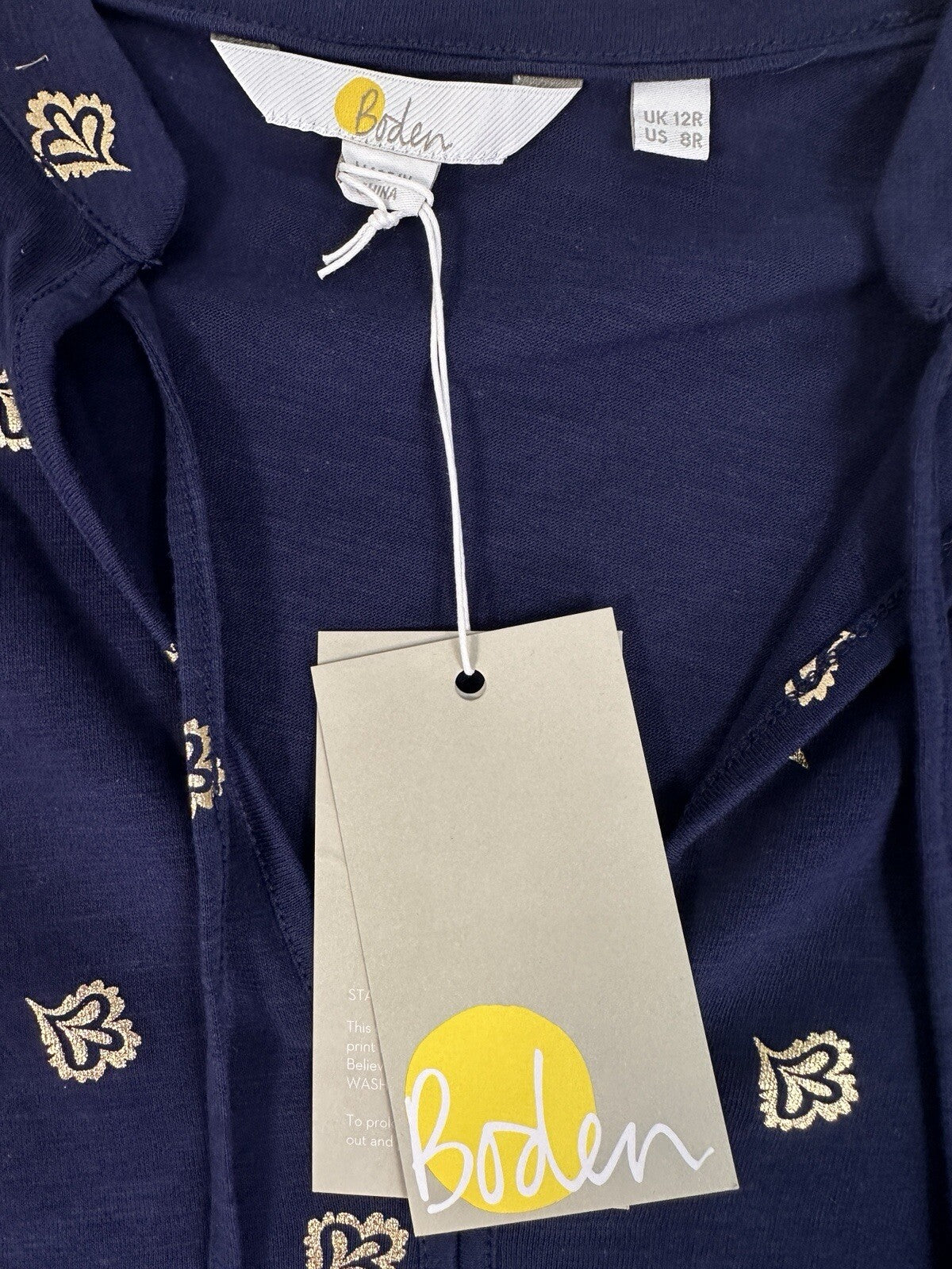 Boden Gemma Top US 8 UK 12 Navy Blue Gold Print  Jersey Knit Blouse Womens NWT