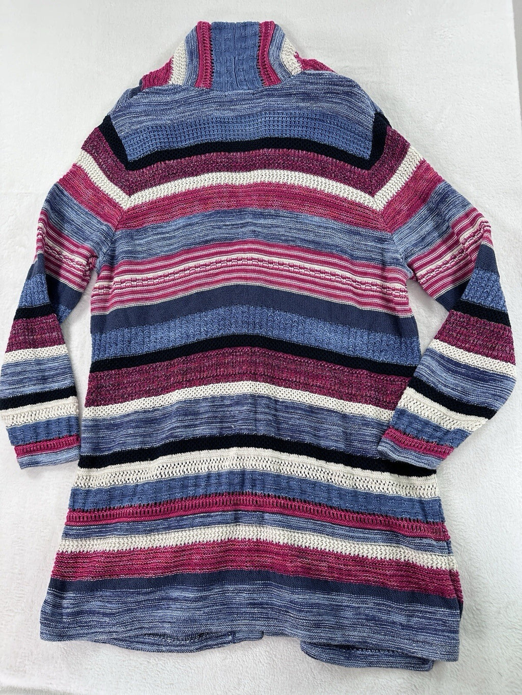 J Jill Large Petite Open Knit Cardigan Sweater Long Blue Linen Cotton Buttons
