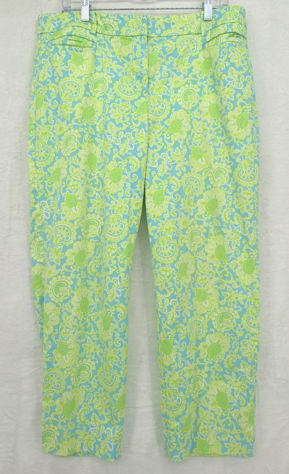 Talbots Perfect Crop Pants 12 Curvy Green Blue Print Womens Cotton Stretch