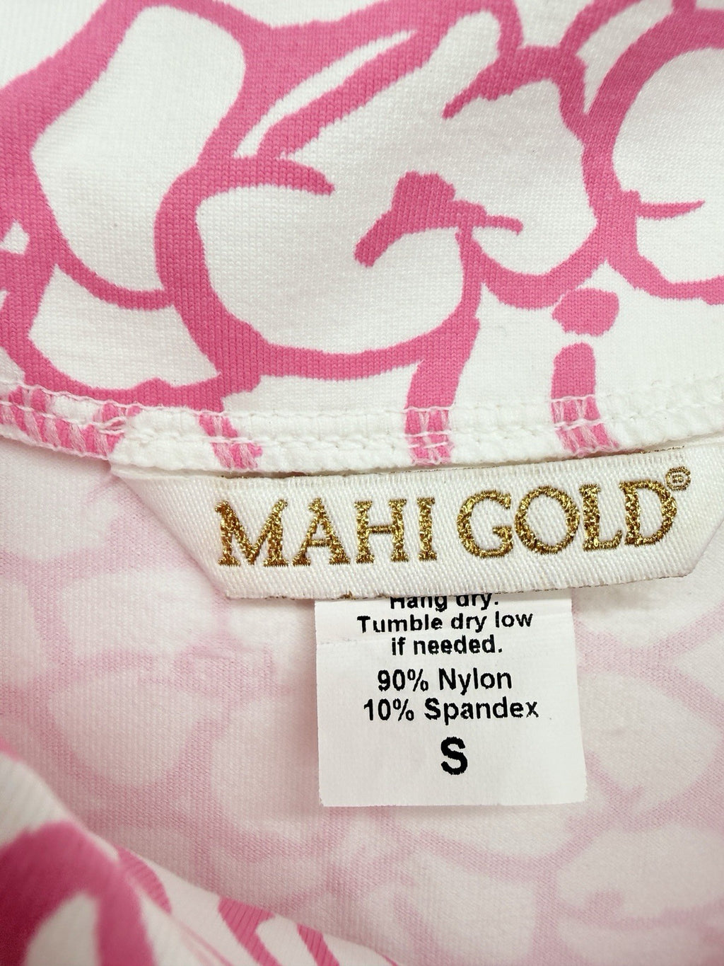 Mahi Gold Dress Small Pink Print Shift 3/4 Sleeve Nylon Stretch Womens