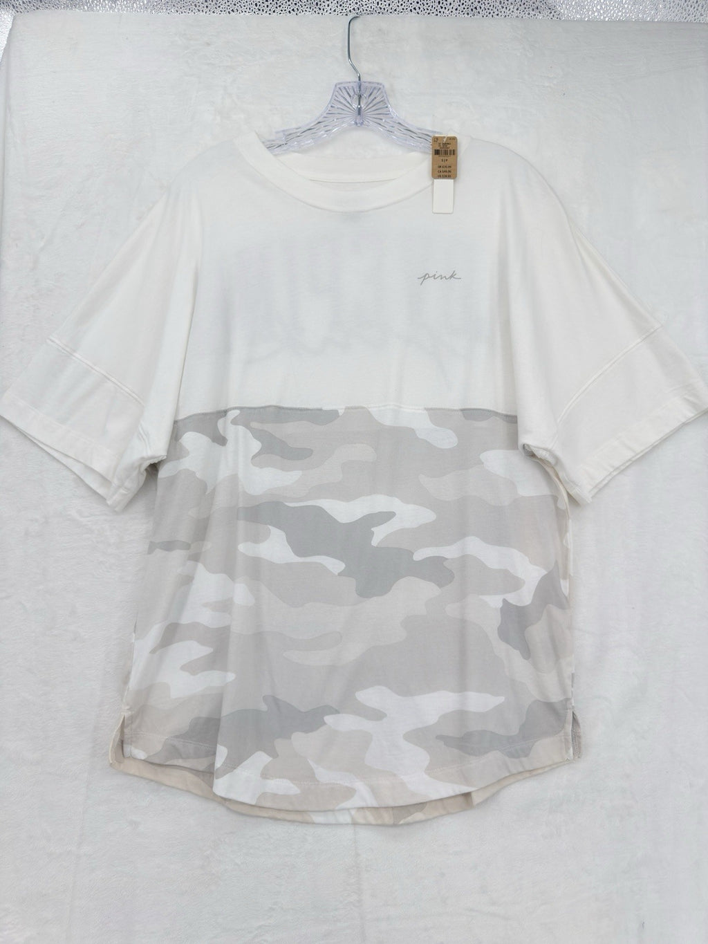 Victoria's Secret PINK Top Small Varsity Logo Camo Oversized Tee Womens New NWT
