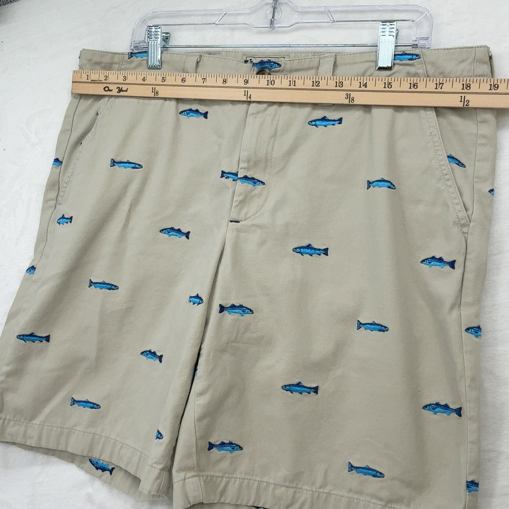 LL Bean Chino Trout Shorts 36 Mens Khaki Embroidered Fish Beige Classic Fit 9”