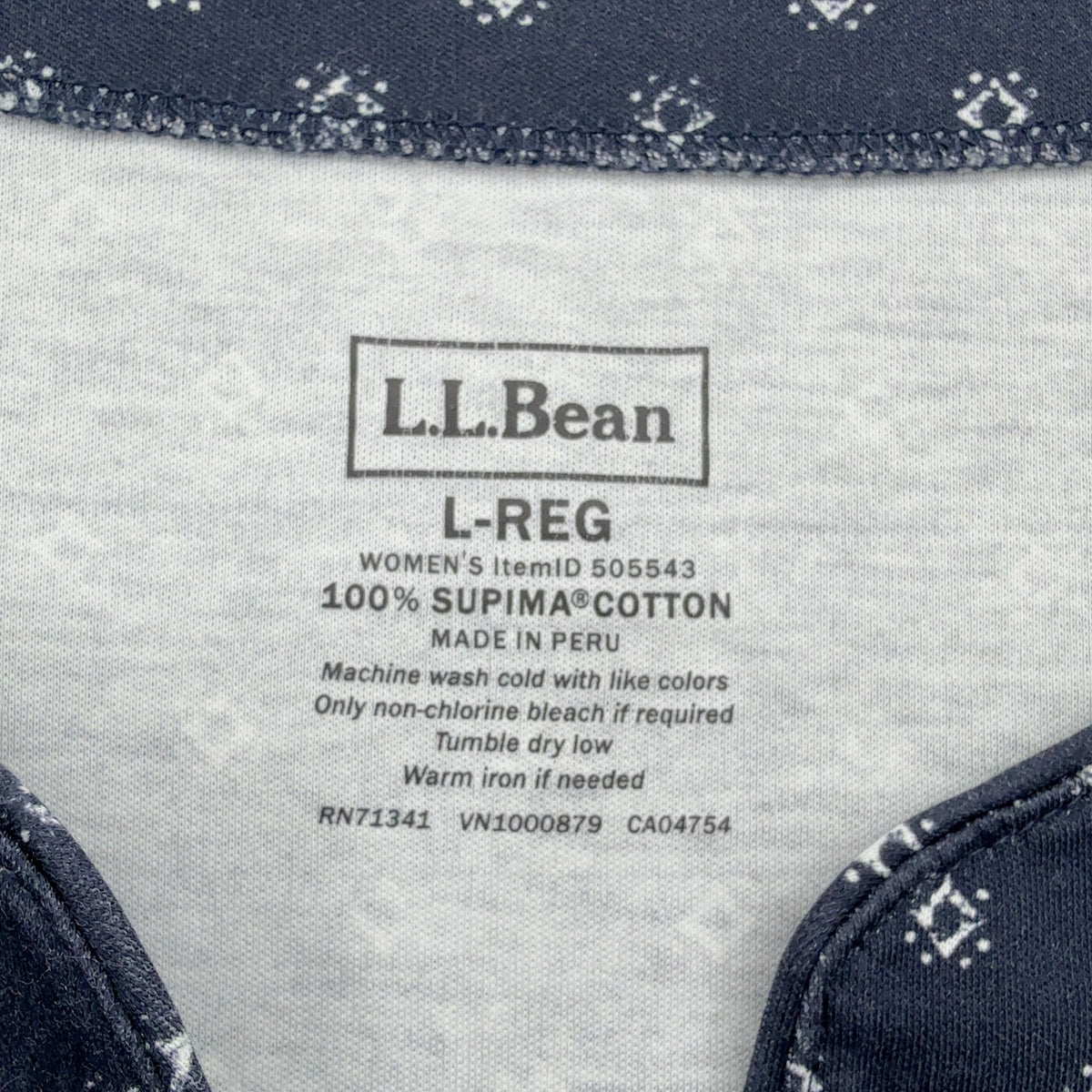 L.L.Bean Split Neck Tunic Top Large Womens Navy Supima Cotton 3/4 Sleeve Knit