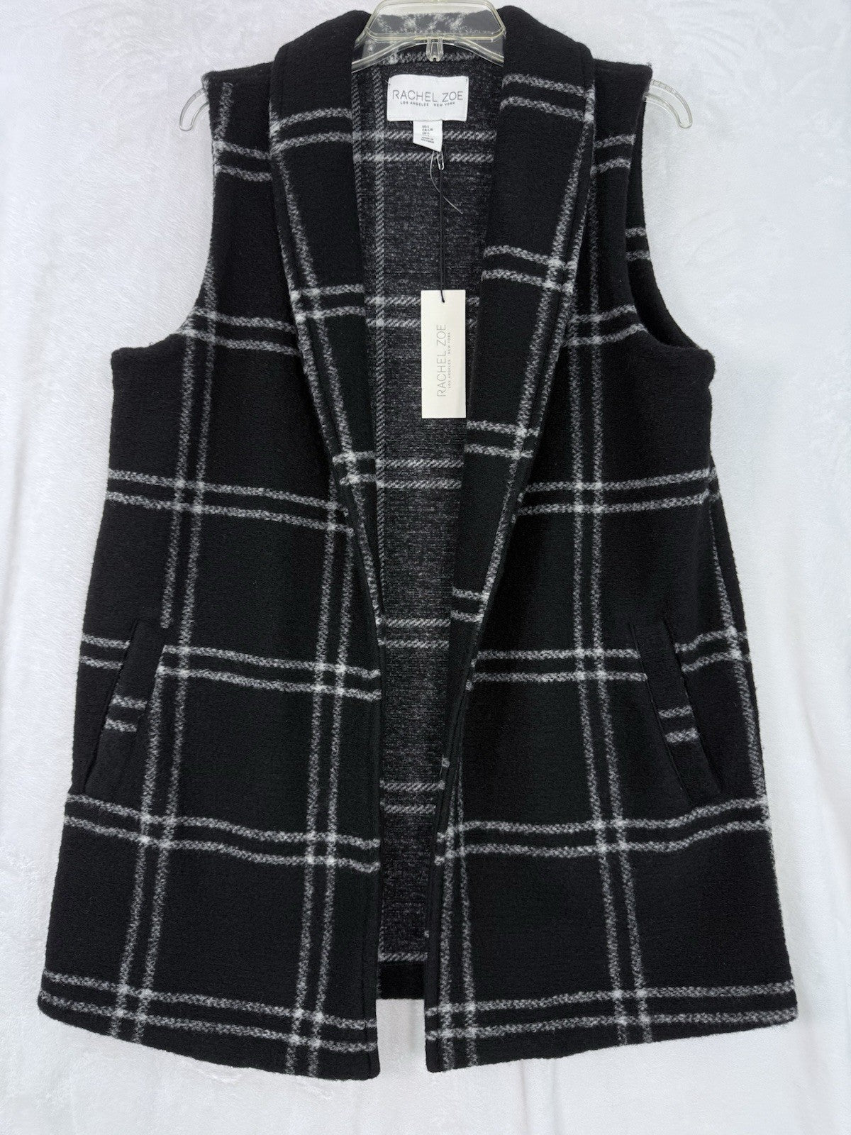 New Rachel Zoe Large Vest Boack Plaid Sleeveless Wool Blend Jacket Womens