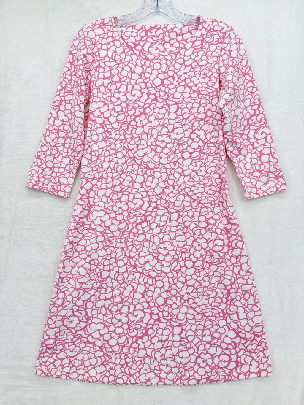 Mahi Gold Dress Small Pink Print Shift 3/4 Sleeve Nylon Stretch Womens