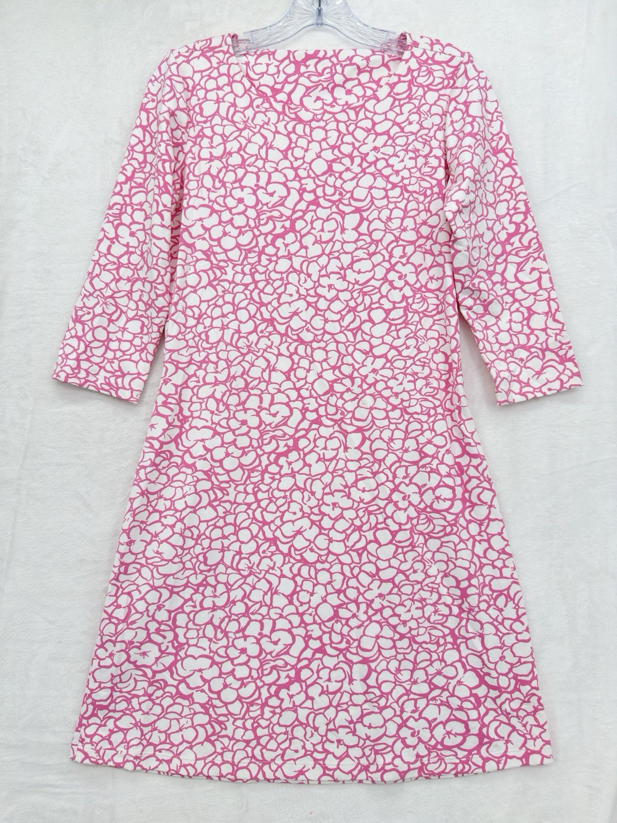 Mahi Gold Dress Small Pink Print Shift 3/4 Sleeve Nylon Stretch Womens