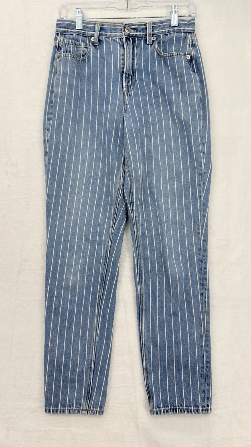 American Eagle Mom Jeans 4 Long Light Blue Wash Pinstripes High Rise Denim Women