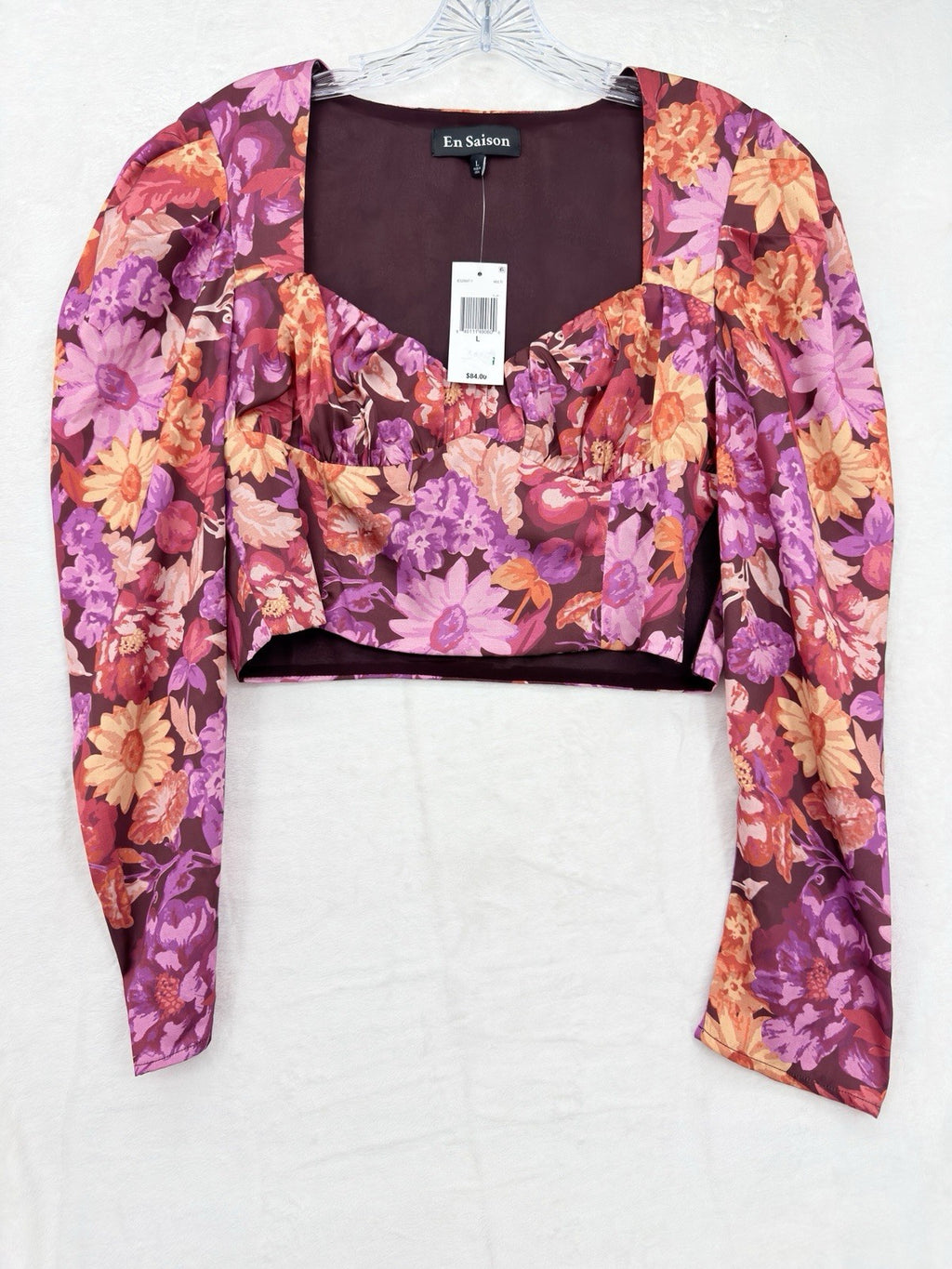 En Saison Crop Top Large Puff Long Sleeve Square Neck Floral New