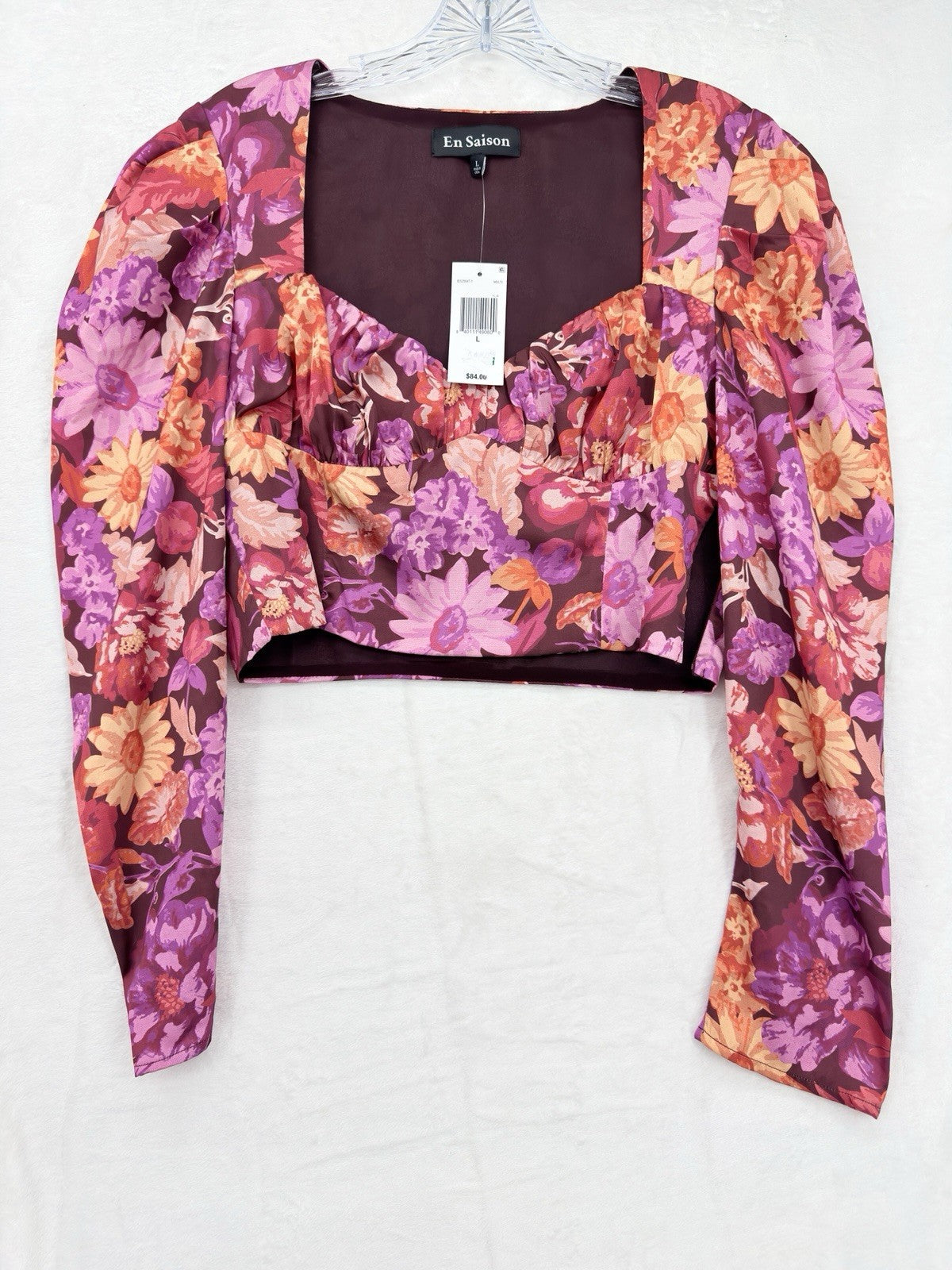 En Saison Crop Top Large Puff Long Sleeve Square Neck Floral New