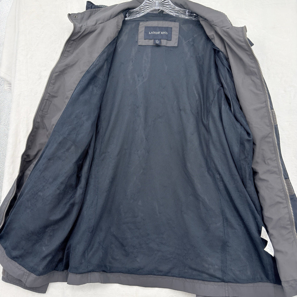 Lands End Jacket Large Mens Gray Lightweight Mesh Lined Full Zip Nylon Hooded