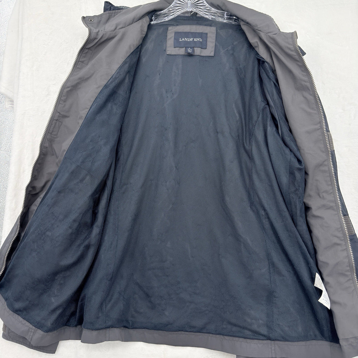 Lands End Jacket Large Mens Gray Lightweight Mesh Lined Full Zip Nylon Hooded
