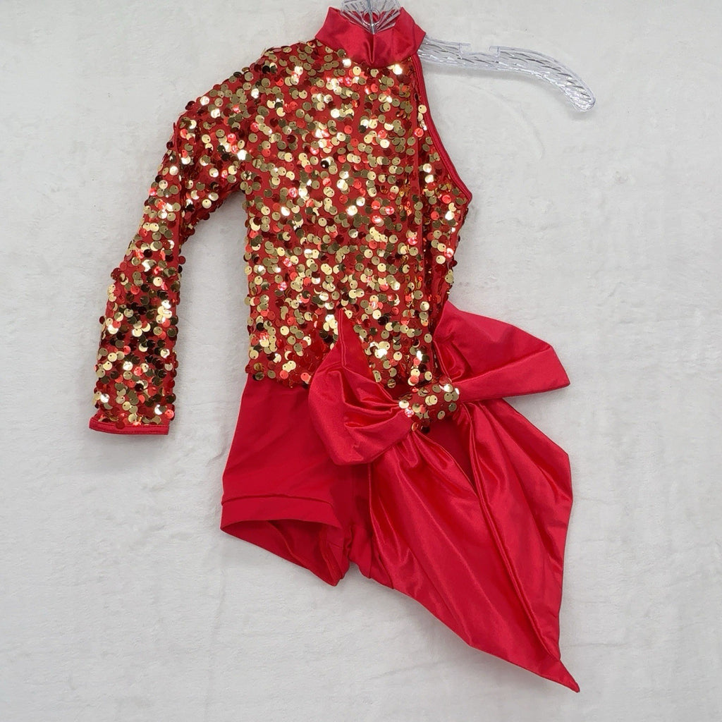 Weissman Girls Small SC Red Bright Lights Asymmetrical Biketard Dance Sequined