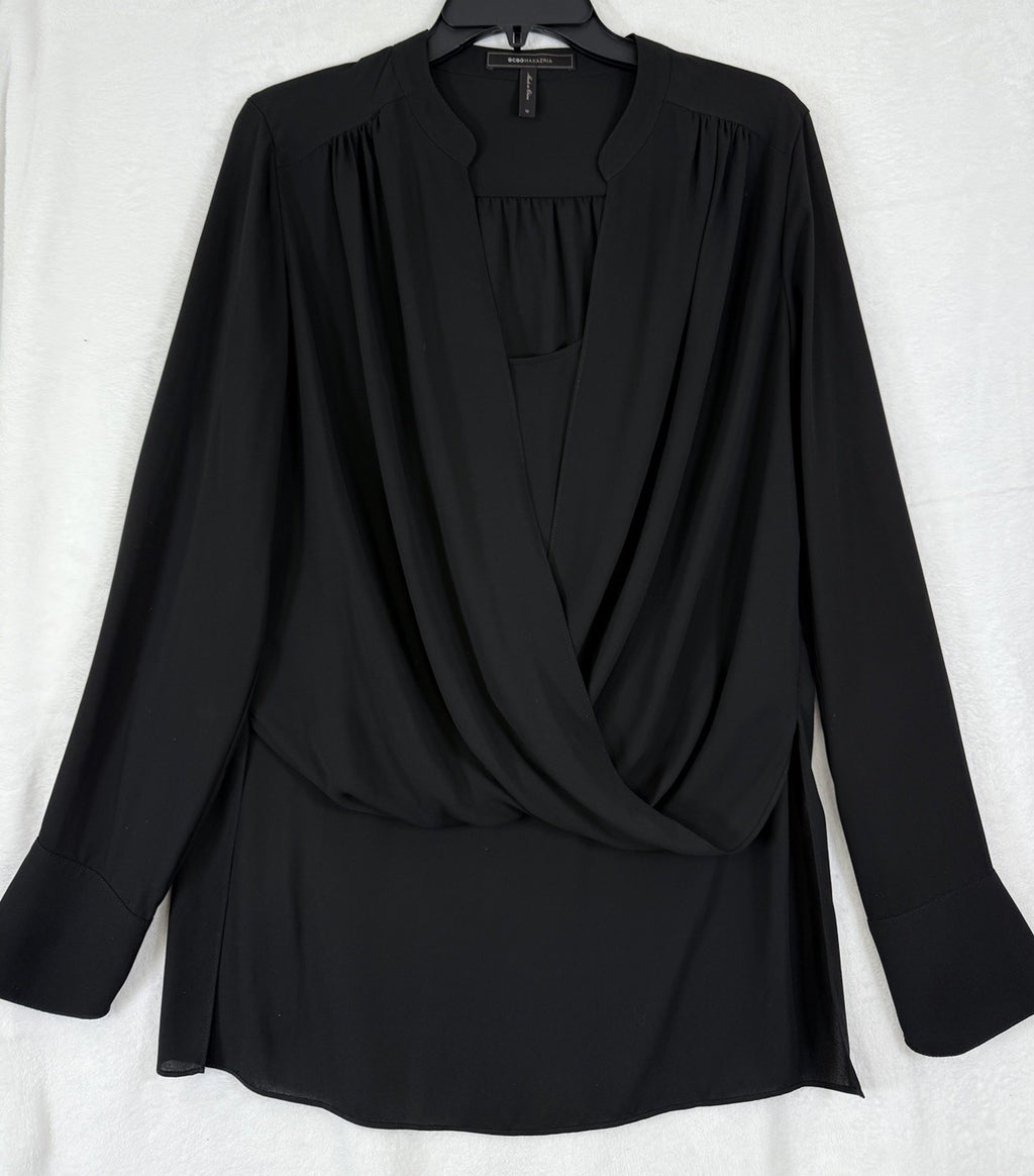 BCBG Maxazria Top Medium Womens Black Long Sleeve Faux Wrap Top Max Azria