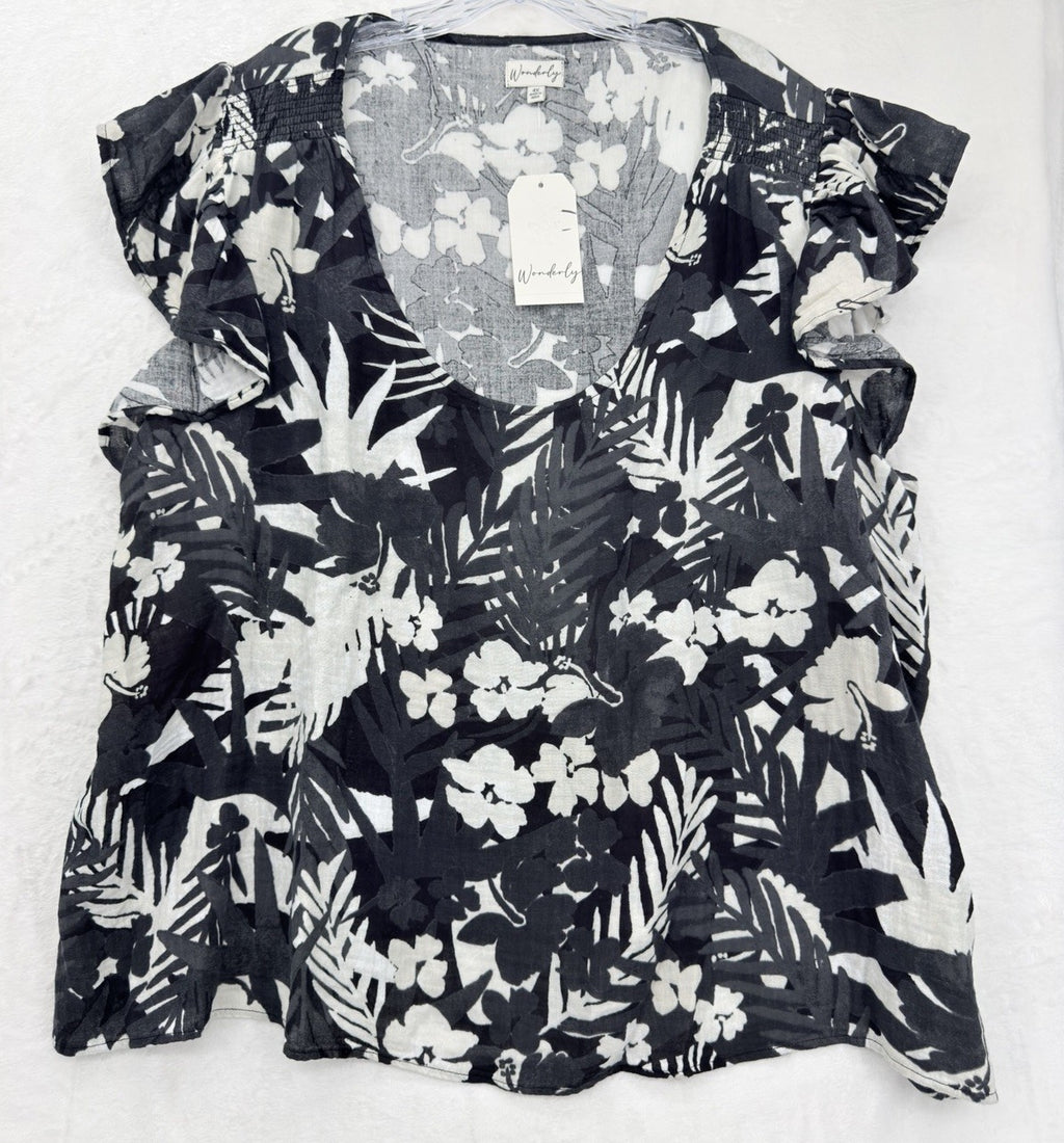 4X Womens Plus Size Tops Black Floral Flutter Sleeve Cotton New