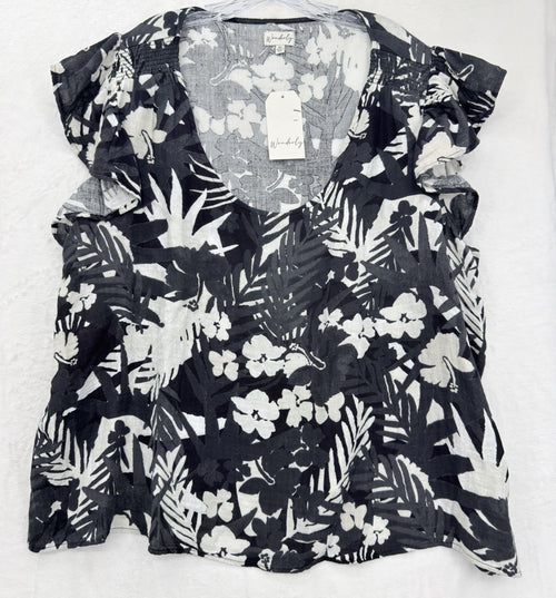 4X Womens Plus Size Tops Black Floral Flutter Sleeve Cotton New