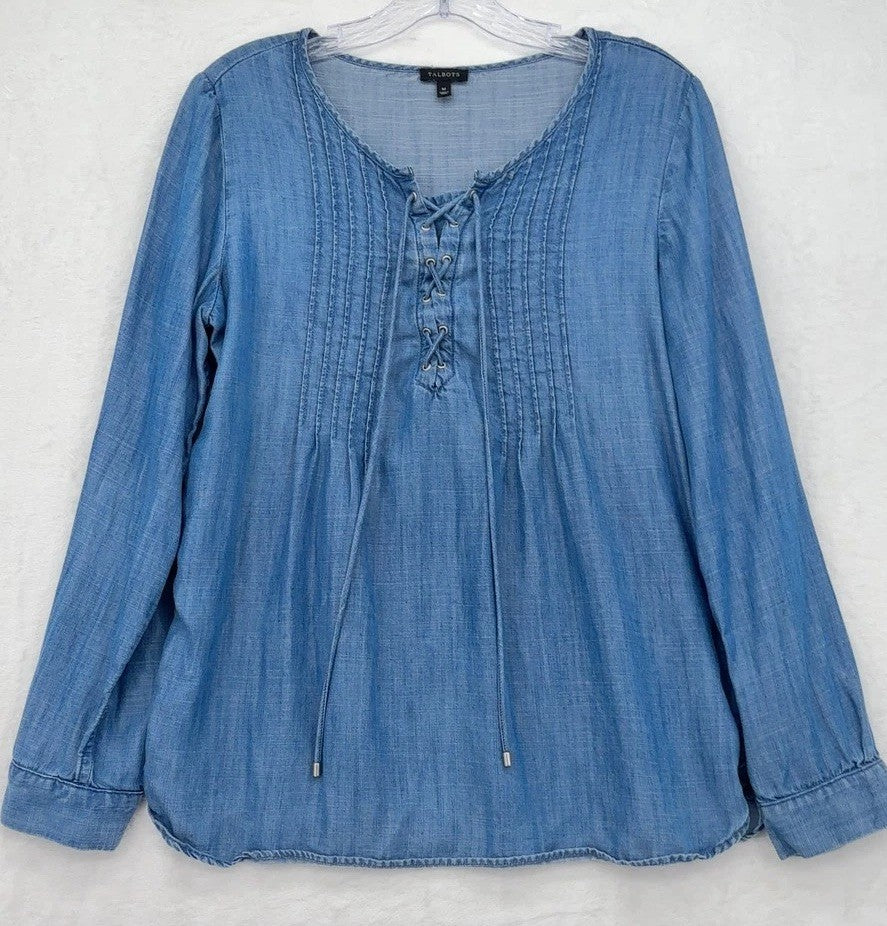 Talbots Top Medium Chambray Blue Blouse Womens Long Sleeve Lace Up