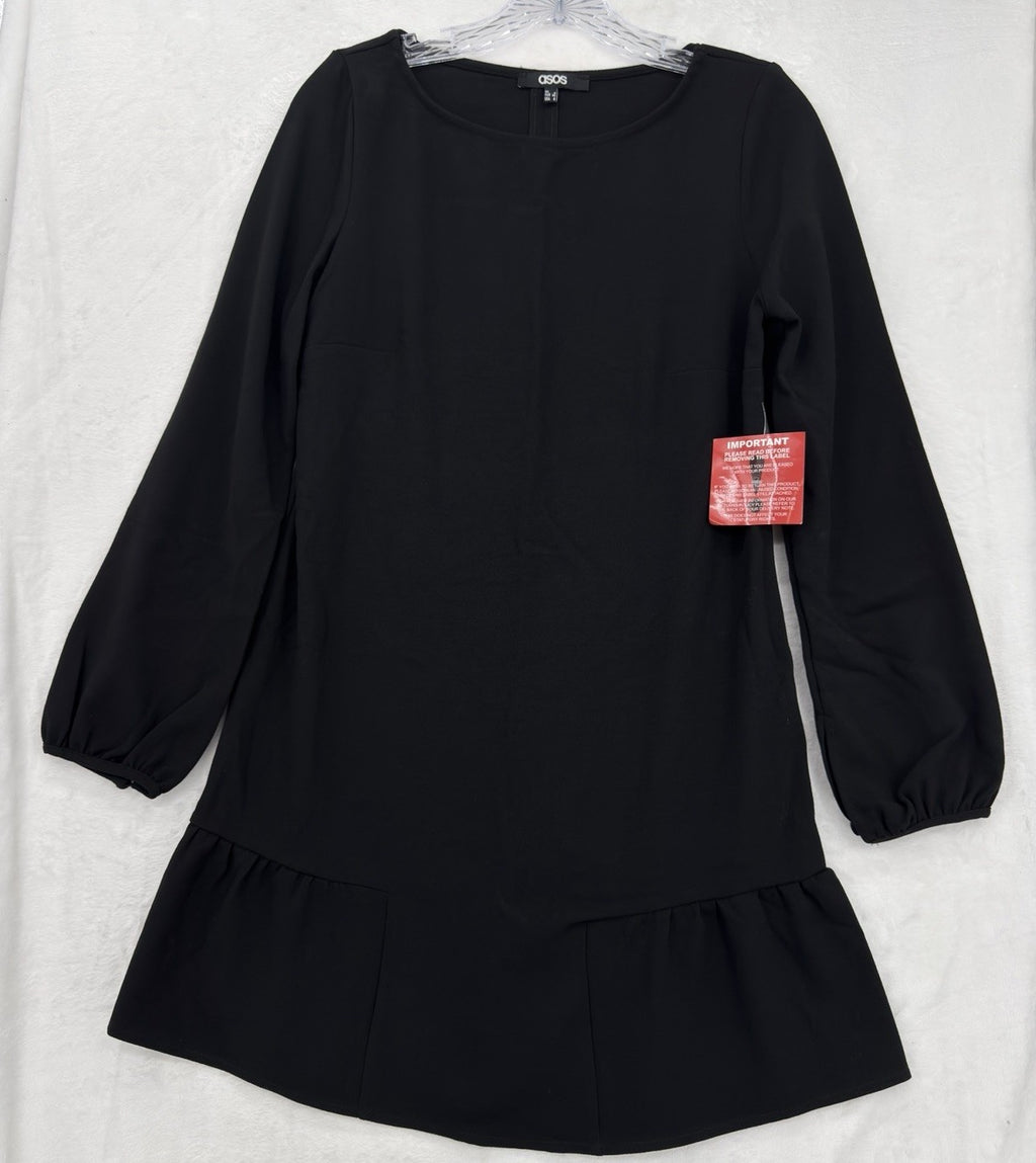 ASOS Mini Dress 4 Navy Blue Long Sleeve Shift Drop Waist Womens NWT