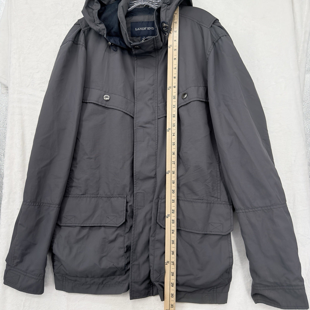 Lands End Jacket Large Mens Gray Lightweight Mesh Lined Full Zip Nylon Hooded