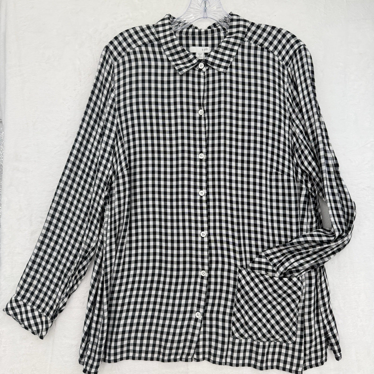 J Jill Top 1X Long Sleeve Button Up Black White Gingham Pocket