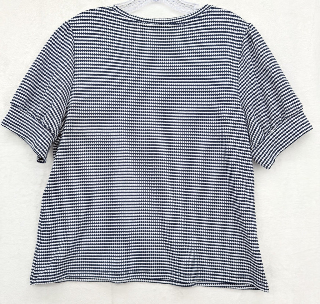 Liz Claiborne Top Medium Short Puff Sleeve Blue White Striped Knit Womens