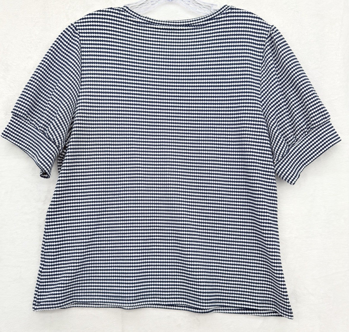 Liz Claiborne Top Medium Short Puff Sleeve Blue White Striped Knit Womens