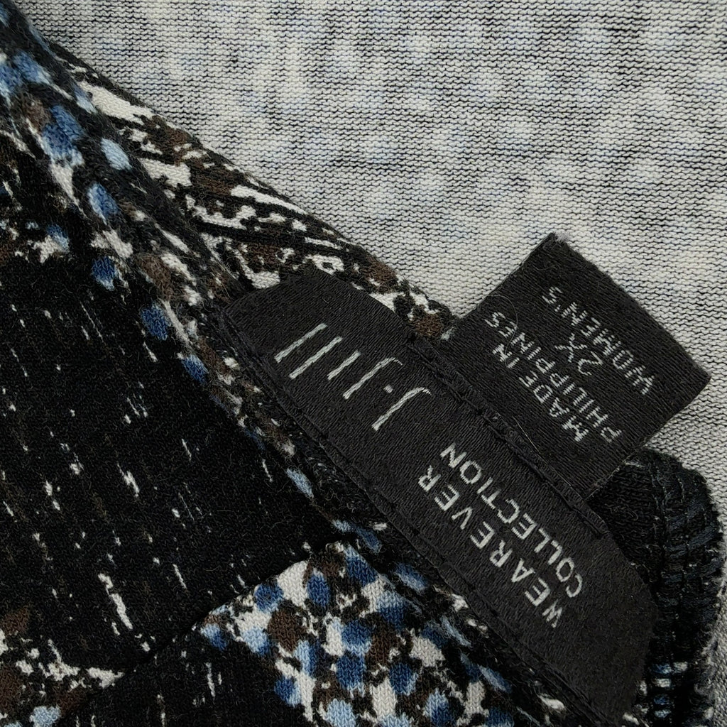 J Jill Wearever Top 2X Tunic Knit Womens Black Blue Floral 3/4 Sleeve V Back