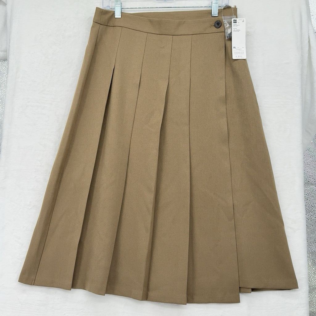 GU Wrap Pleated Midi Skirt XL Womens Beige Uniqlo Light Academia Hipster New NWT