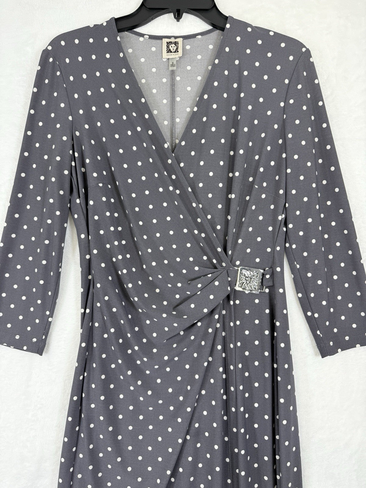 Anne Klein Faux Wrap Dress 6 Gray Polka Dot Women