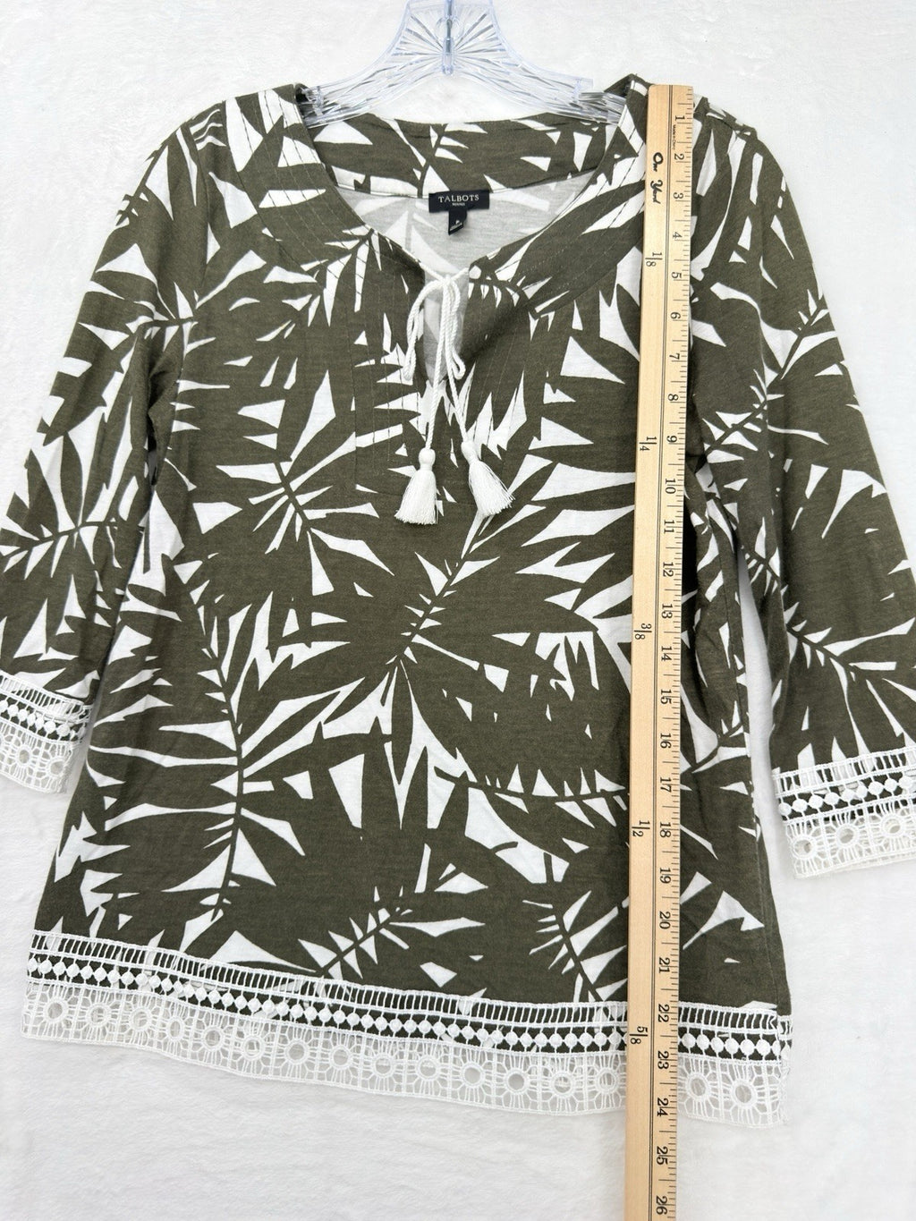Talbots Top P XS Petite Tunic Tassels Olive Green Floral 3/4 Sleeve Womens