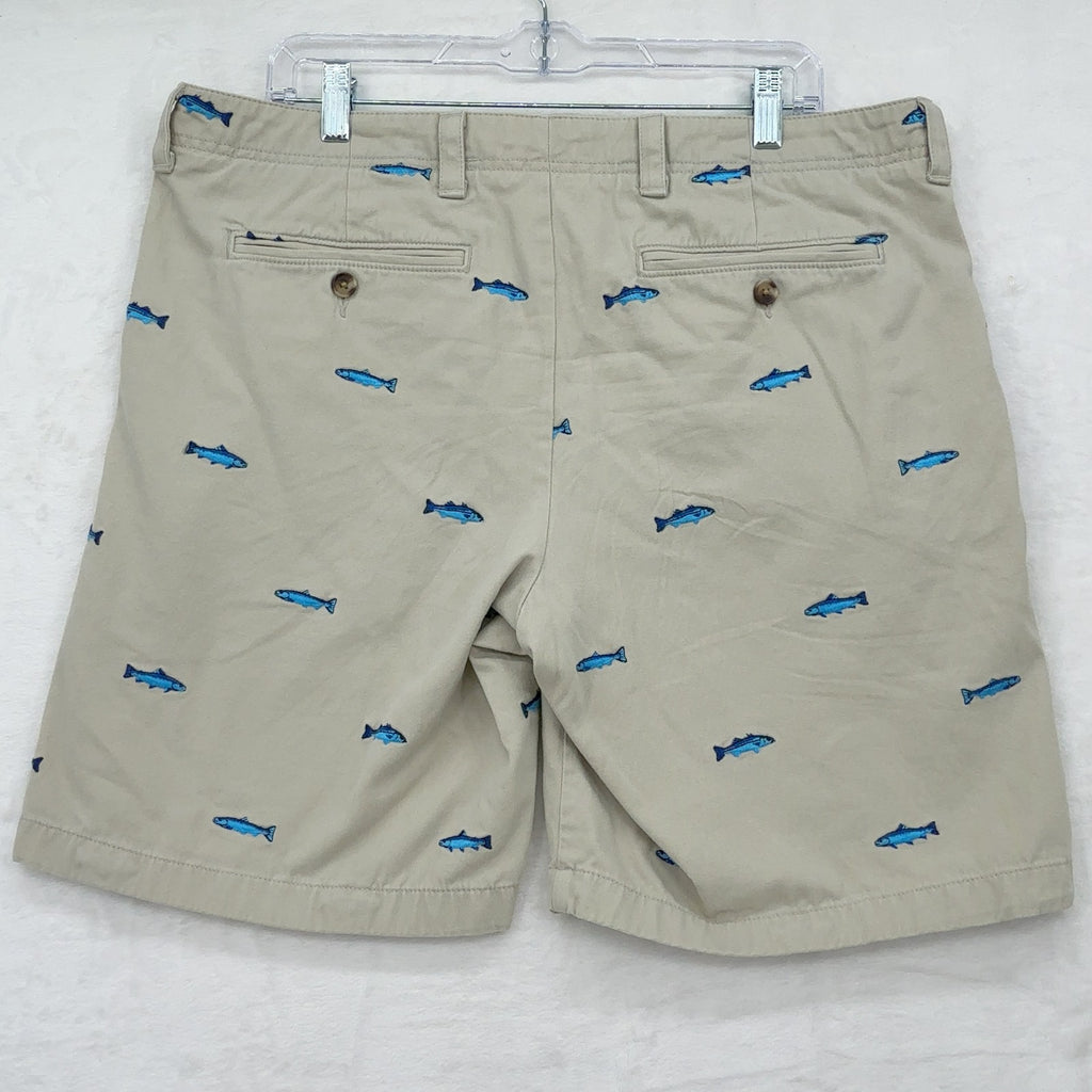 LL Bean Chino Trout Shorts 36 Mens Khaki Embroidered Fish Beige Classic Fit 9”