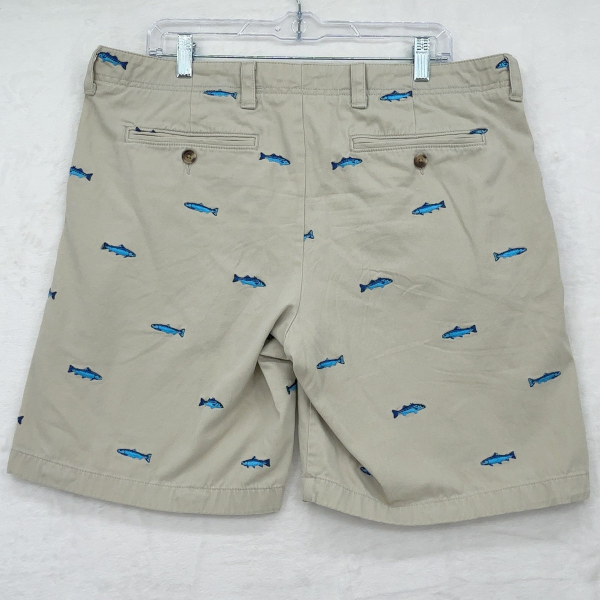 LL Bean Chino Trout Shorts 36 Mens Khaki Embroidered Fish Beige Classic Fit 9”