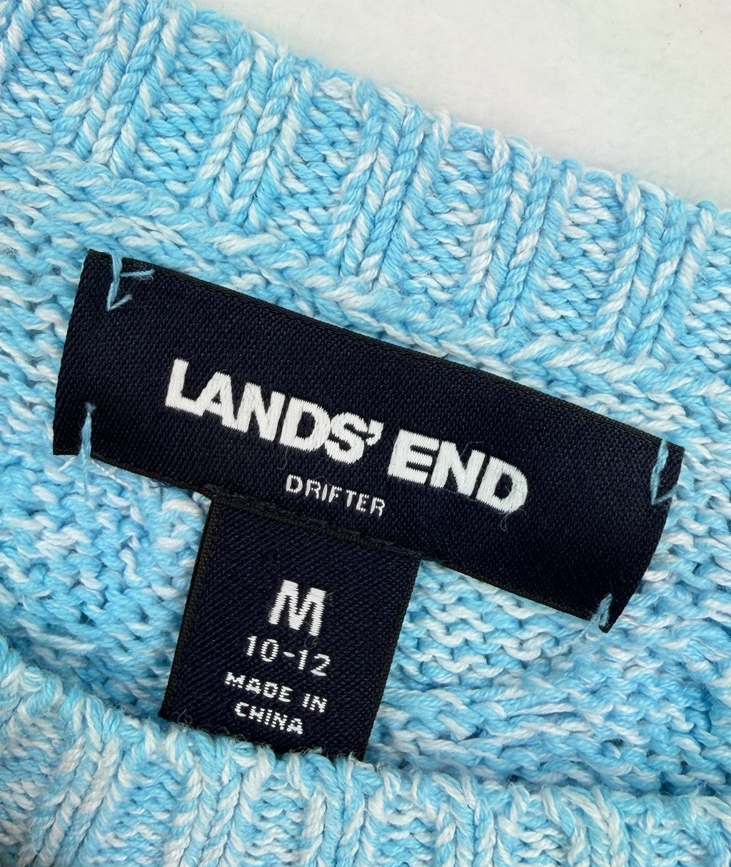 Lands End Cable Knit Drifter Sweater Medium Womens Aqua Blue 100% Cotton Tops