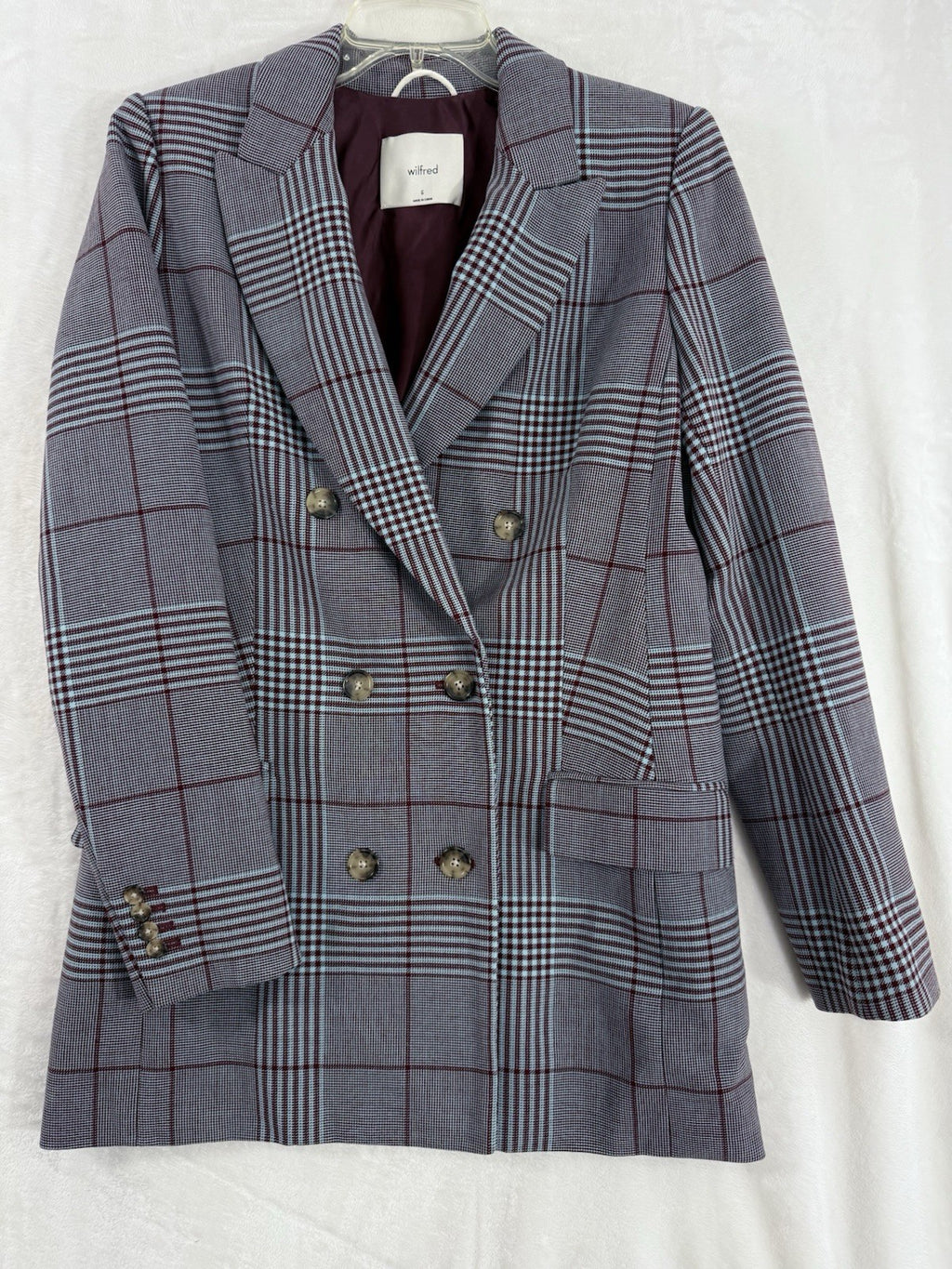 Aritzia Wilfred Blazer 6 Margaux Glen Plaid Jacket Gray Burgundy Double Breasted