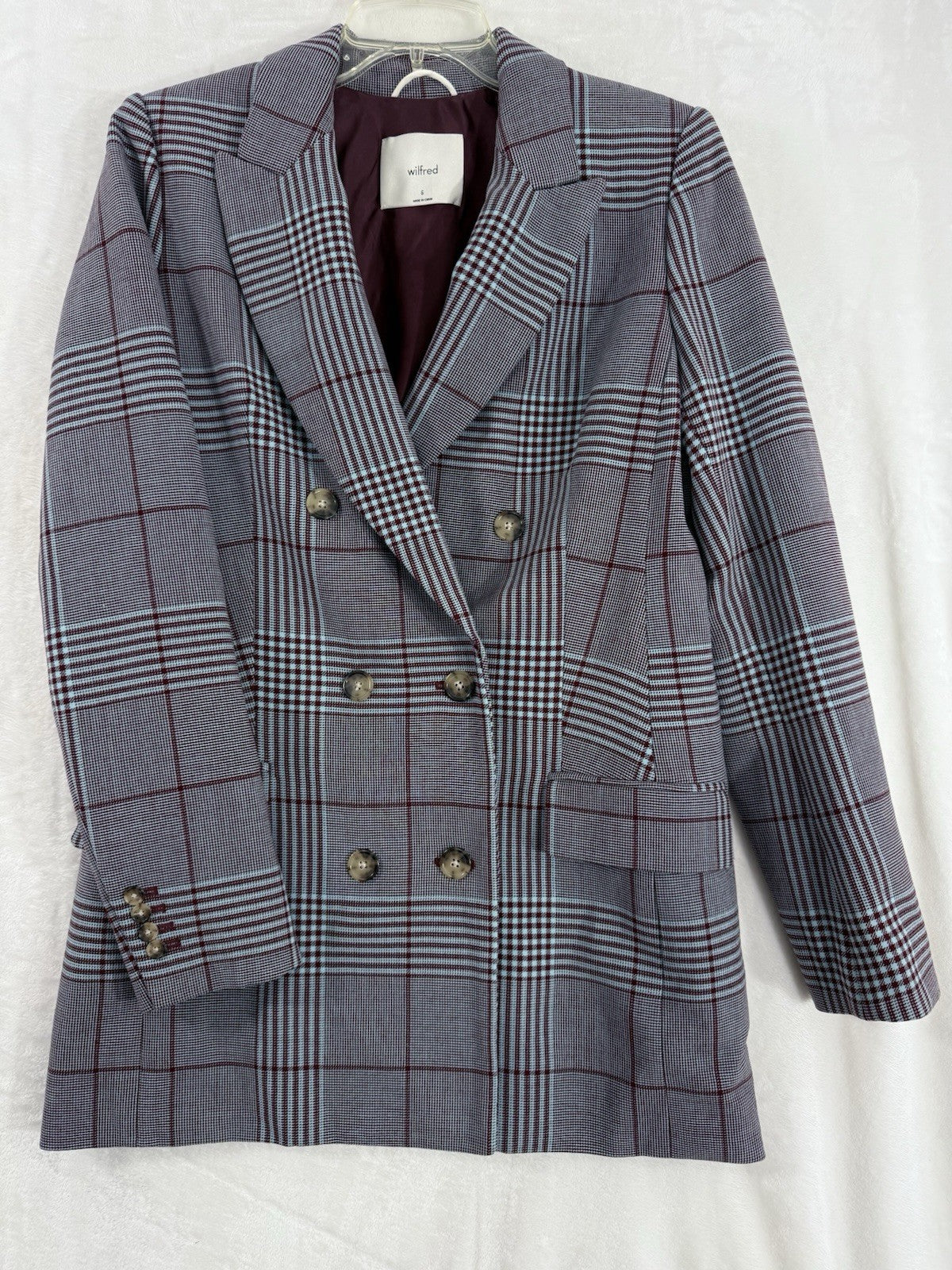 Aritzia Wilfred Blazer 6 Margaux Glen Plaid Jacket Gray Burgundy Double Breasted