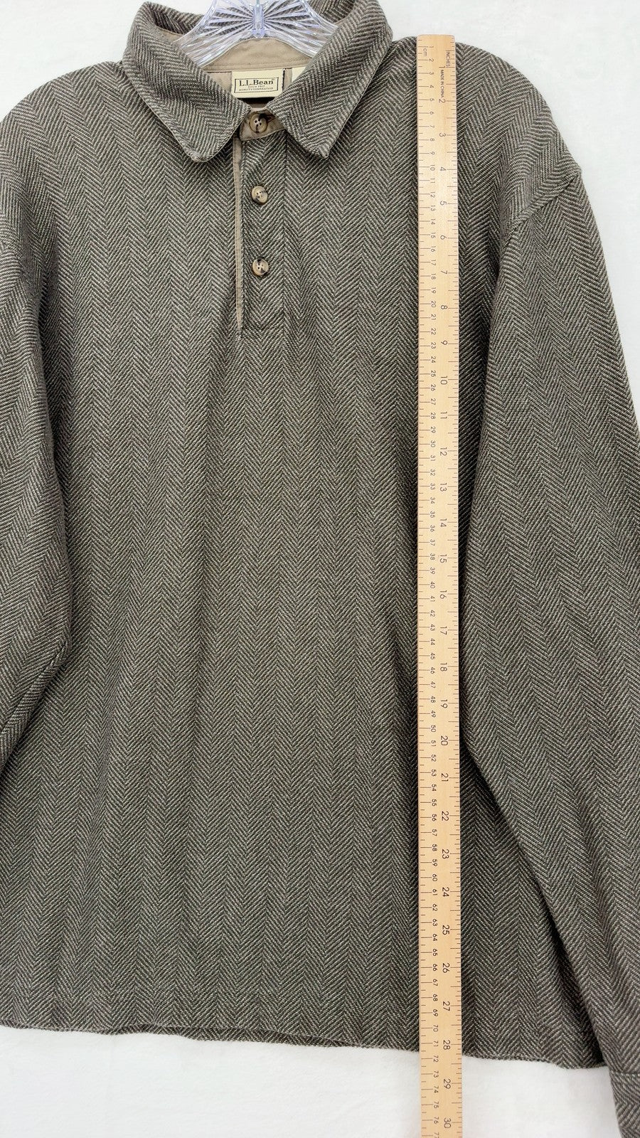 LL Bean Long Sleeve Polo Shirt Large Mens Brown Pullover Herringbone