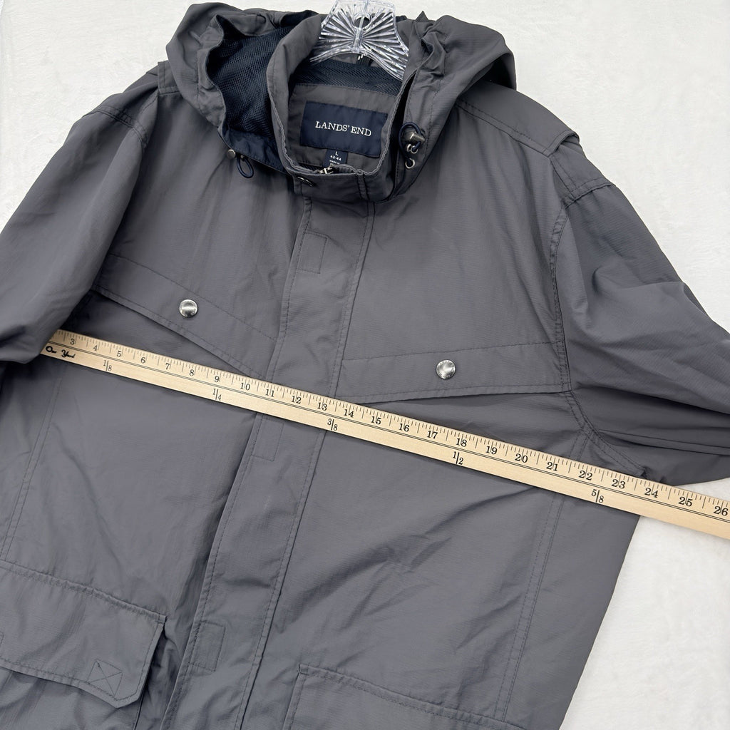 Lands End Jacket Large Mens Gray Lightweight Mesh Lined Full Zip Nylon Hooded