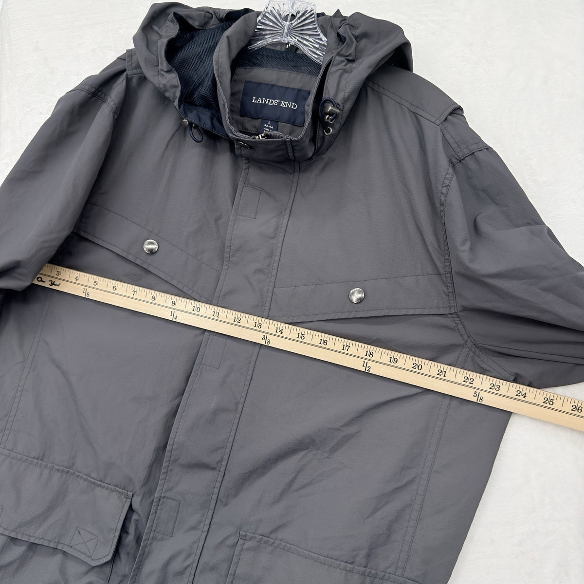 Lands End Jacket Large Mens Gray Lightweight Mesh Lined Full Zip Nylon Hooded