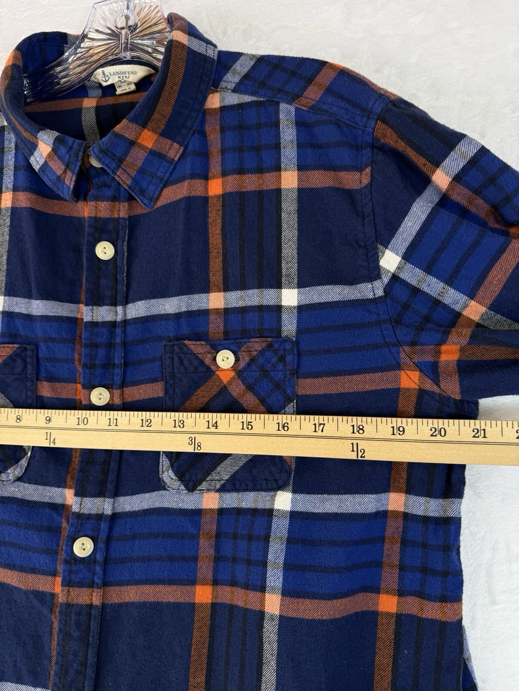 Lands End Kids Flannel Shirt XL Husky Boys Blue Orange Button Down