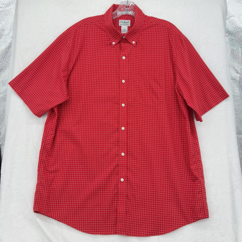 LL Bean Button Down Shirt Large Men Red Check Short Sleeve Comfort Stretch