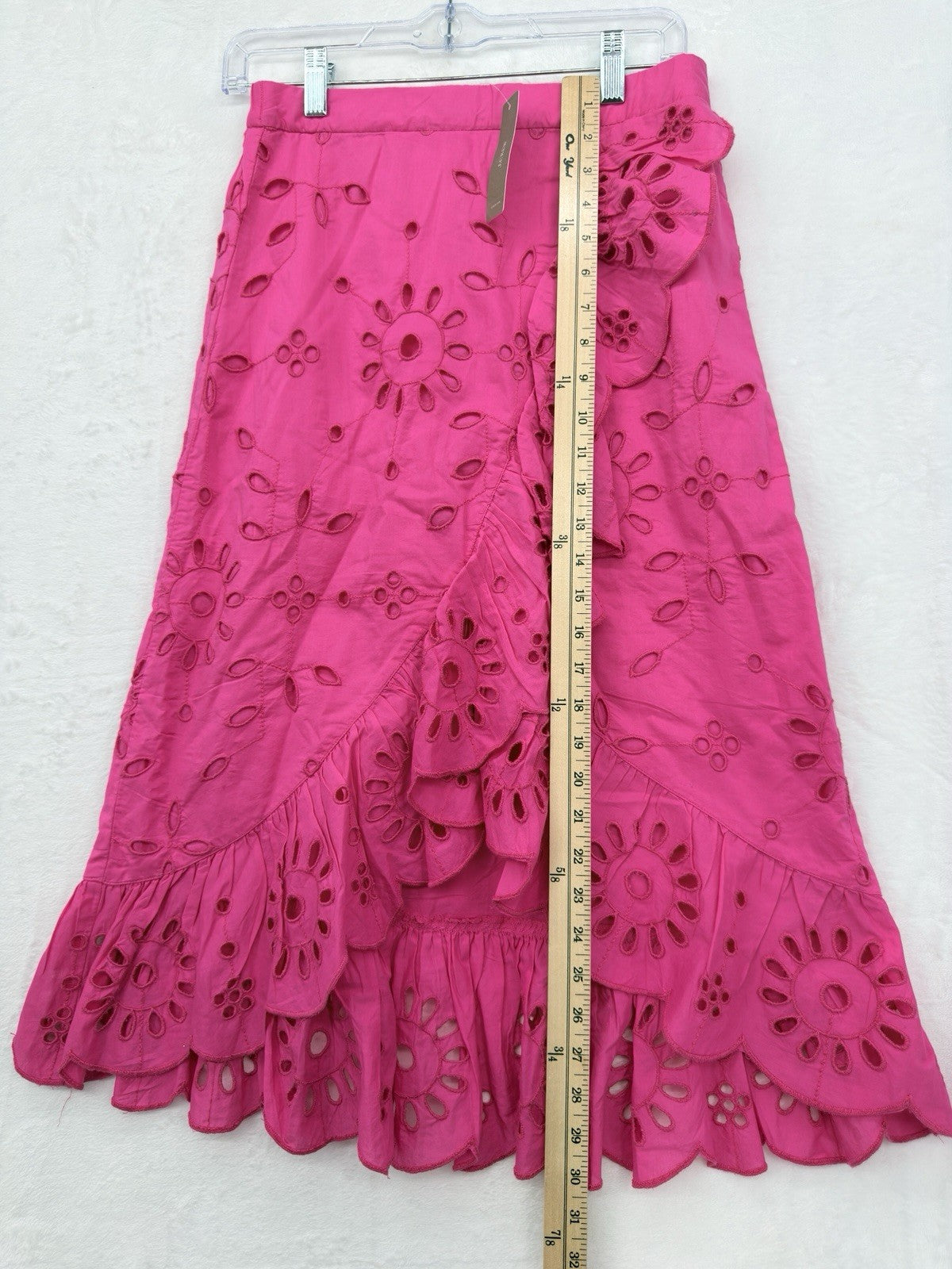 J Crew XS Midi Skirt Bright Pink Wrap 100% Cotton Ruffle Front Eyelet Womens New