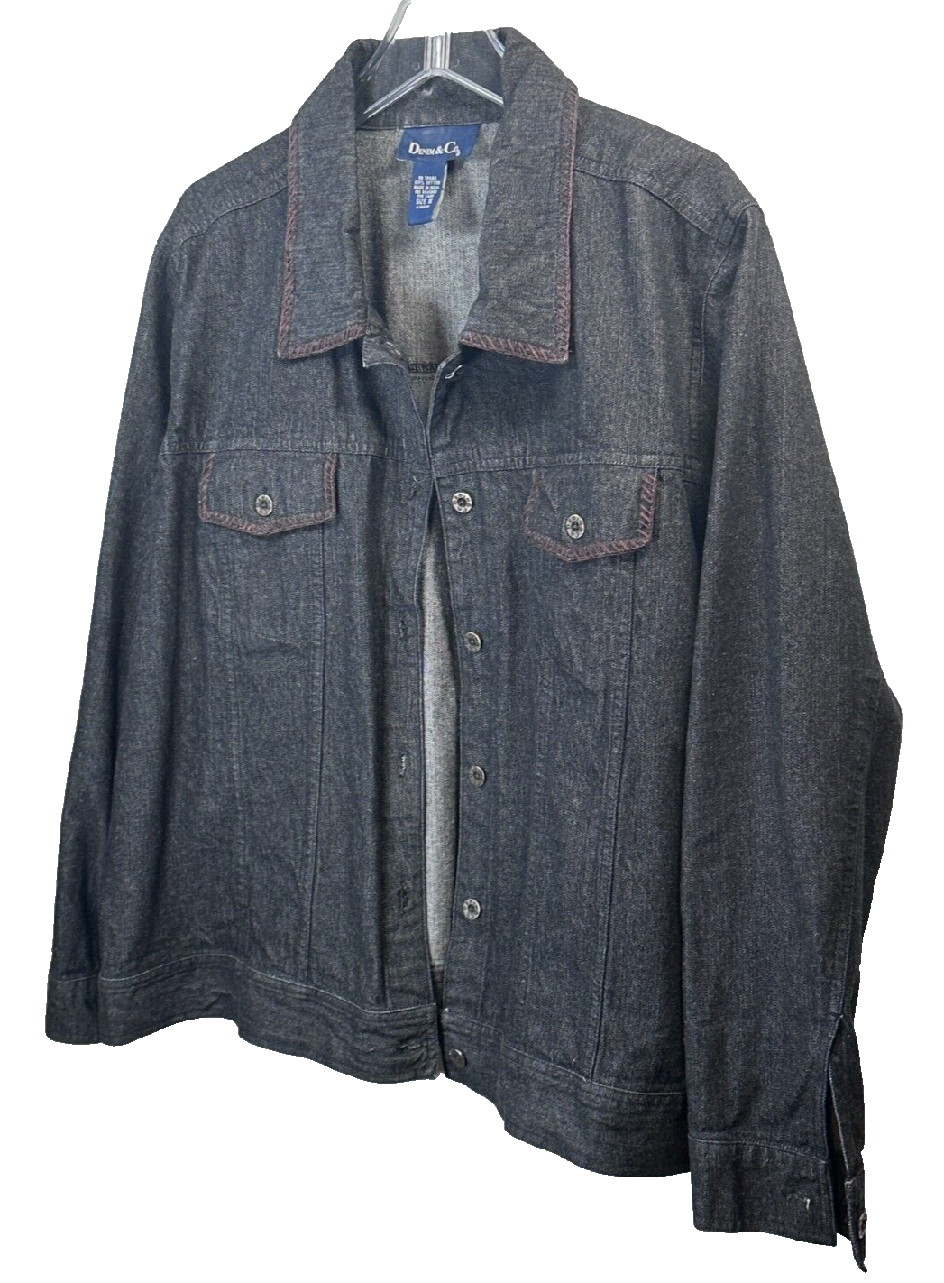 Denim & Co. Women's 1x Dark Jean Jacket Embroidered Trim Collar Plus Size EXC