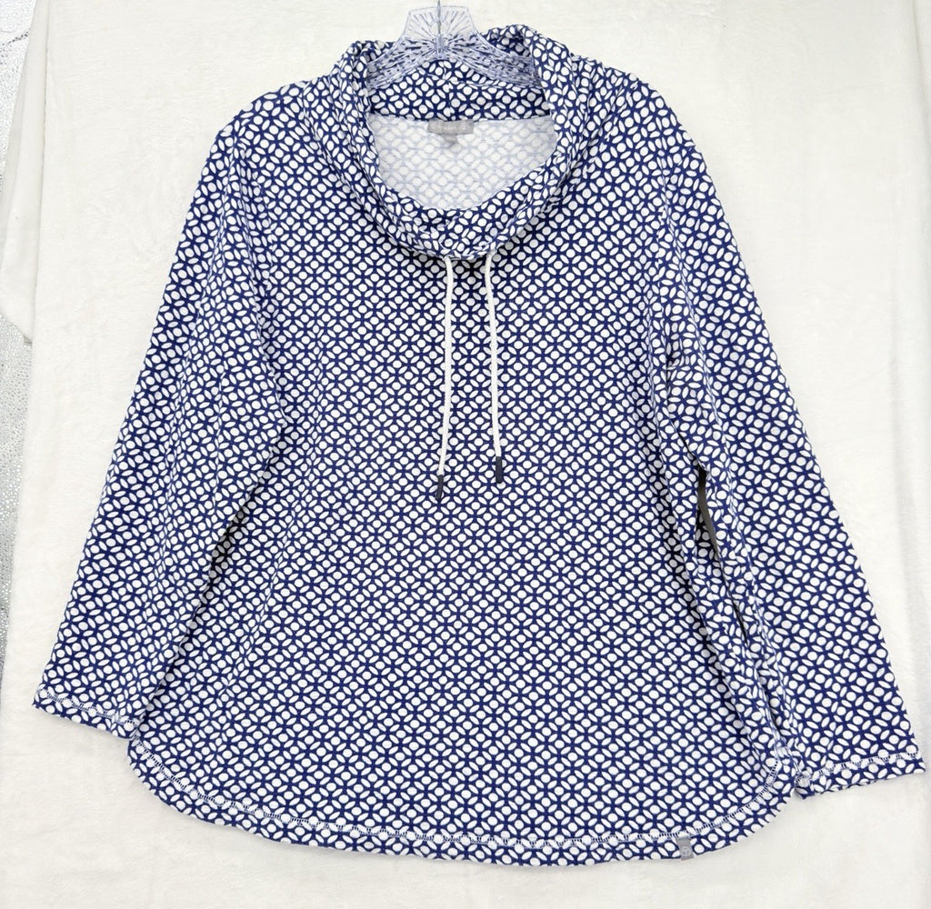 T By Talbots Top 1X Blue Print Pullover Cowl Neck Sweatshirt Womens